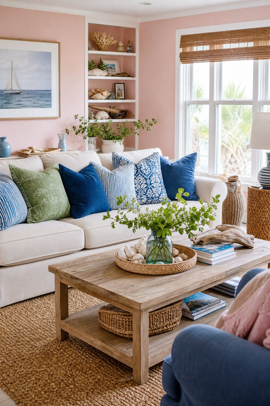 Pink Coastal Living Room Blue Green Accents Decor Idea 2 Throw Pillows