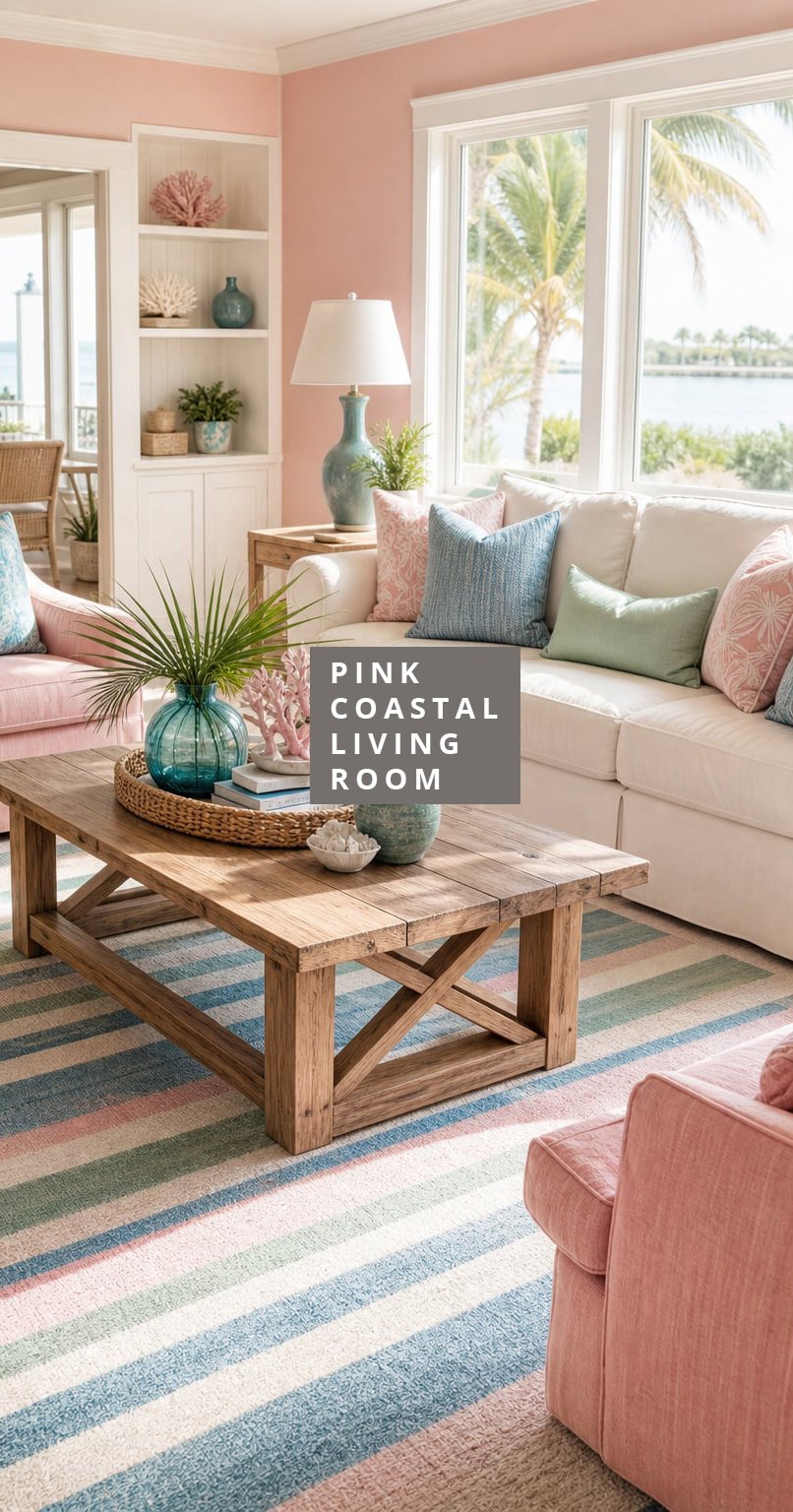 Pink Coastal Living Room Blue Green Accents Decor Idea 3 Striped Rug