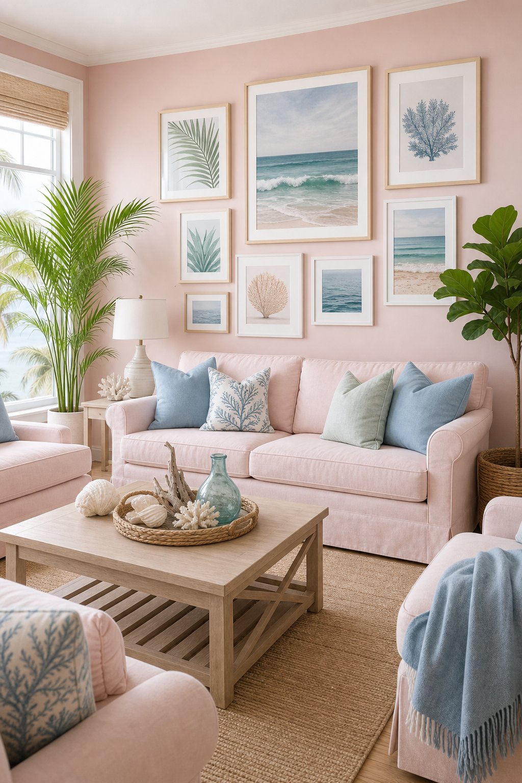 Pink Coastal Living Room Blue Green Accents Decor Idea 4 Pastel Gallery Wall