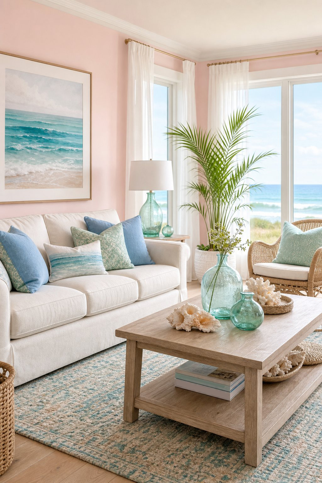 Pink Coastal Living Room Blue Green Accents Decor Idea 5 Sea Glass