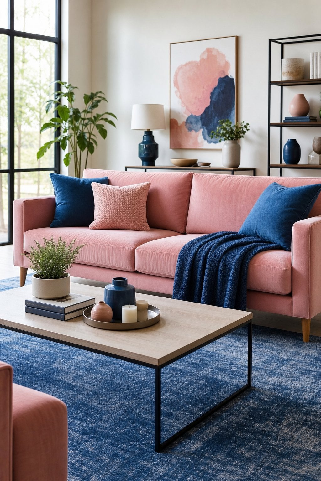 Pink and Blue Living Room Decor Idea 1 Soft Sofa Bold Rug