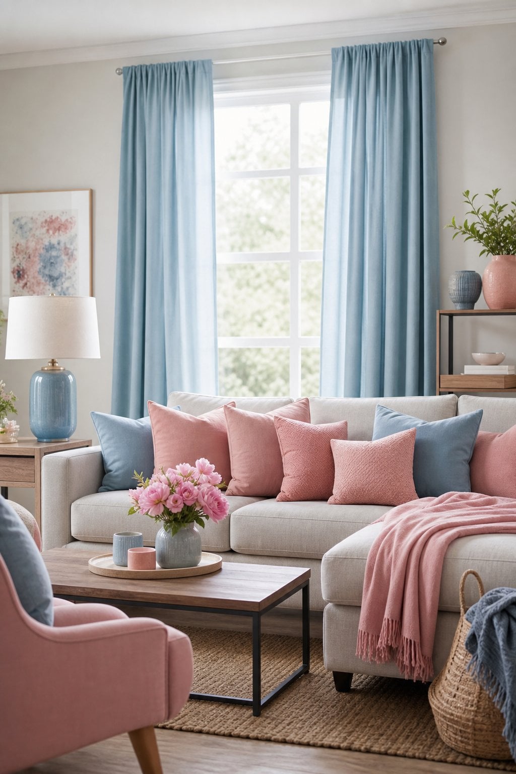 Pink and Blue Living Room Decor Idea 3 Pastel Curtains Rosy Throw Pillows