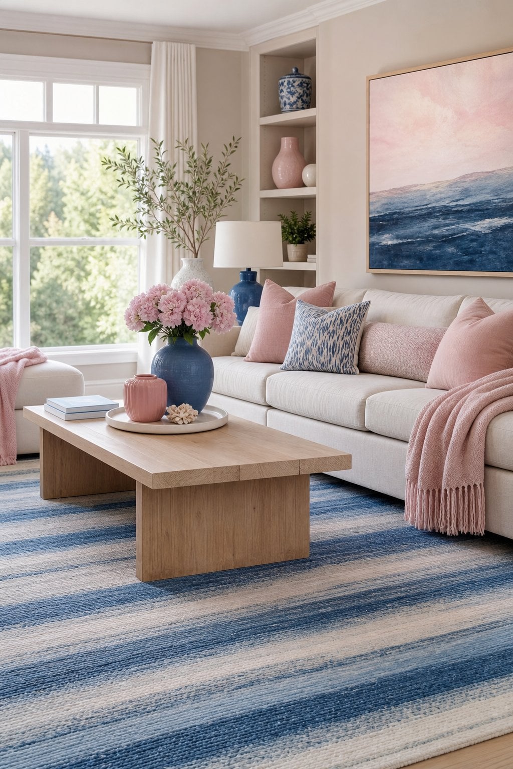 Pink and Blue Living Room Decor Idea 5 Striped Rug Blush Neutrals