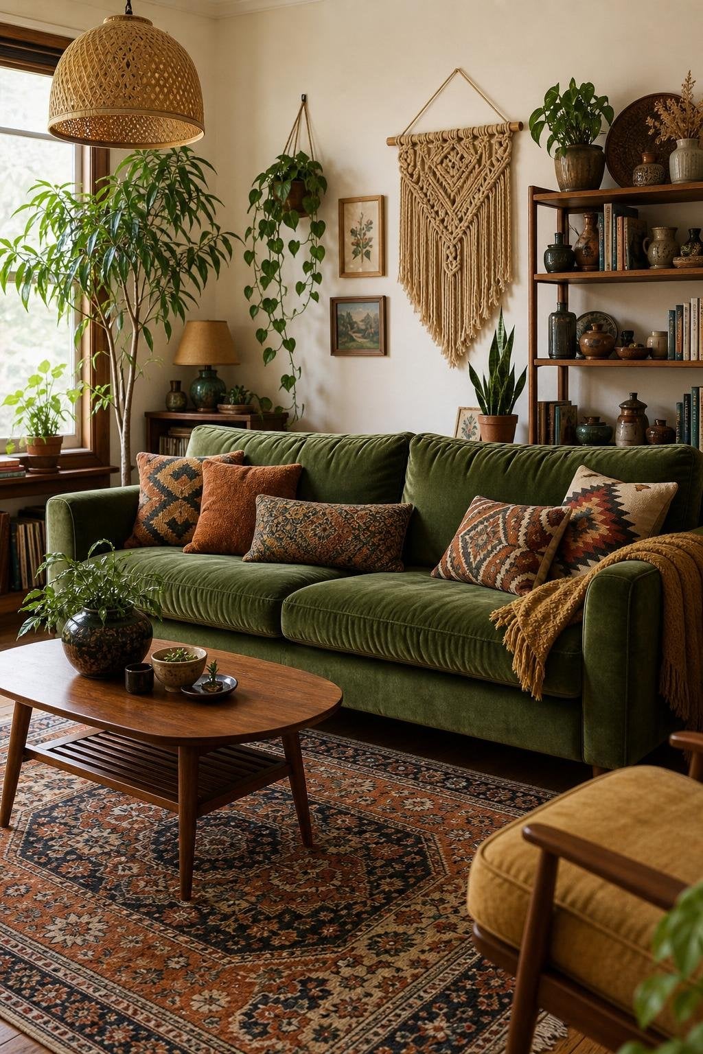 Vintage BOHO Living Room Decor Idea 2 Green Couch