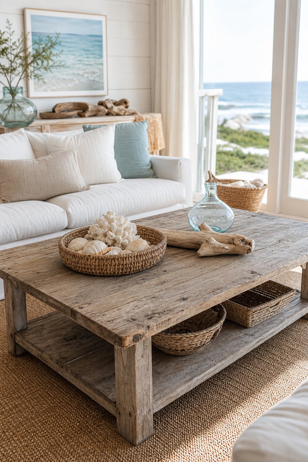 Vintage Coastal Living Room Decor Idea 1 Weathered Wood Coffee Table
