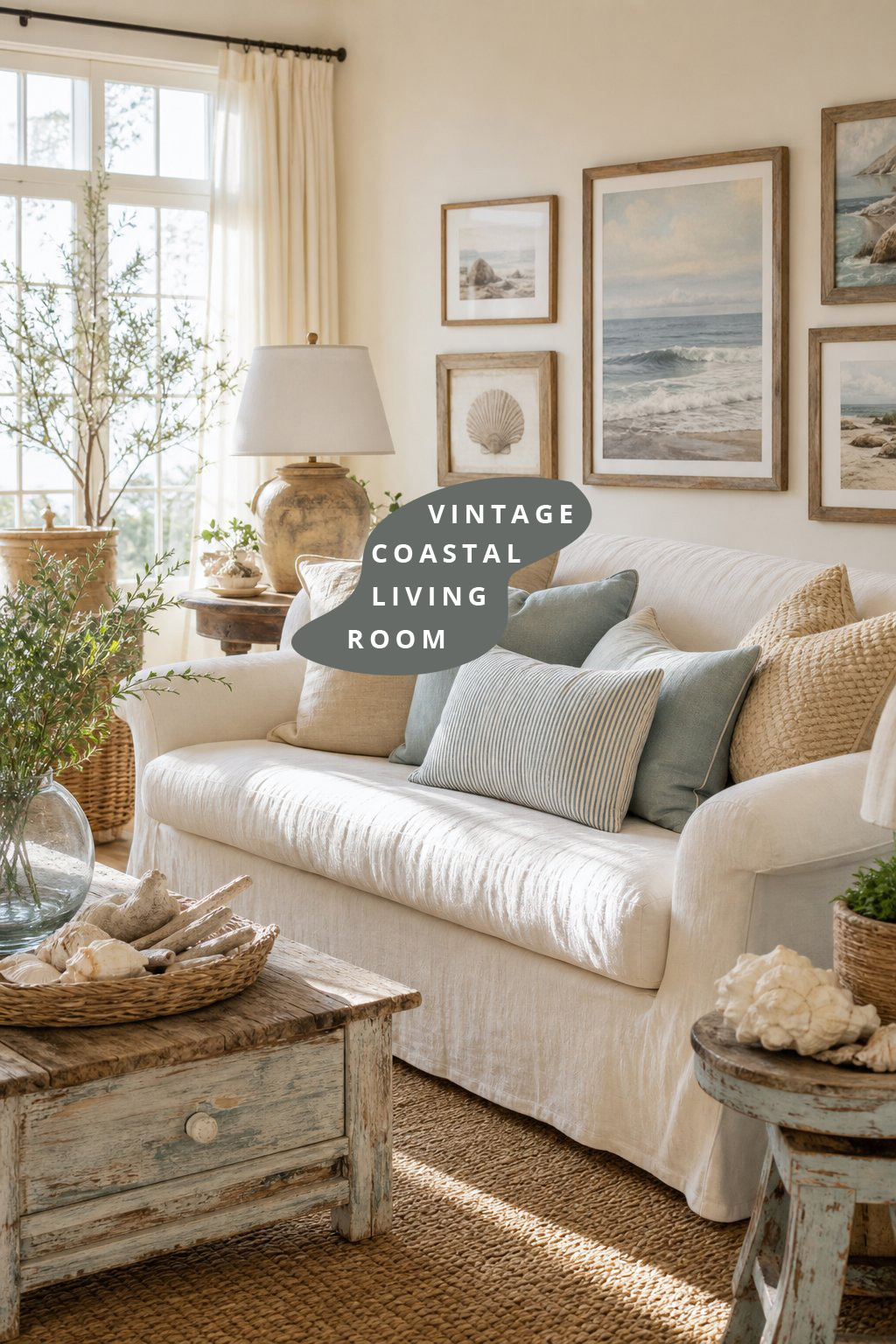 Vintage Coastal Living Room Decor Idea 3 Linen Slipcovered Sofa