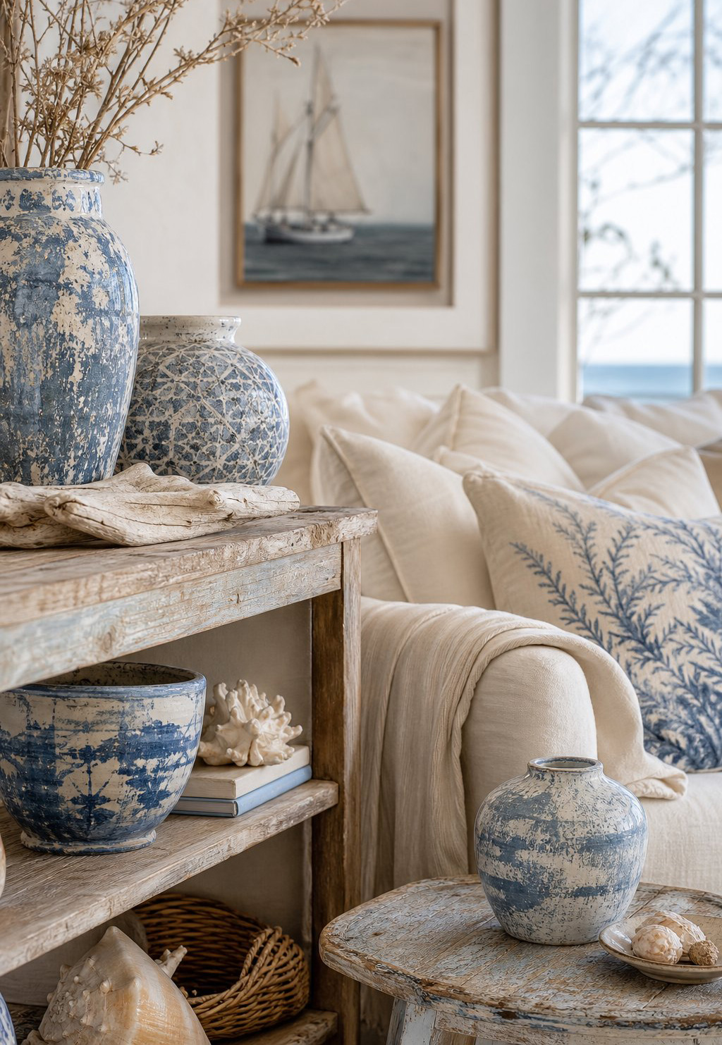 Vintage Coastal Living Room Decor Idea 5 Blue White Pottery