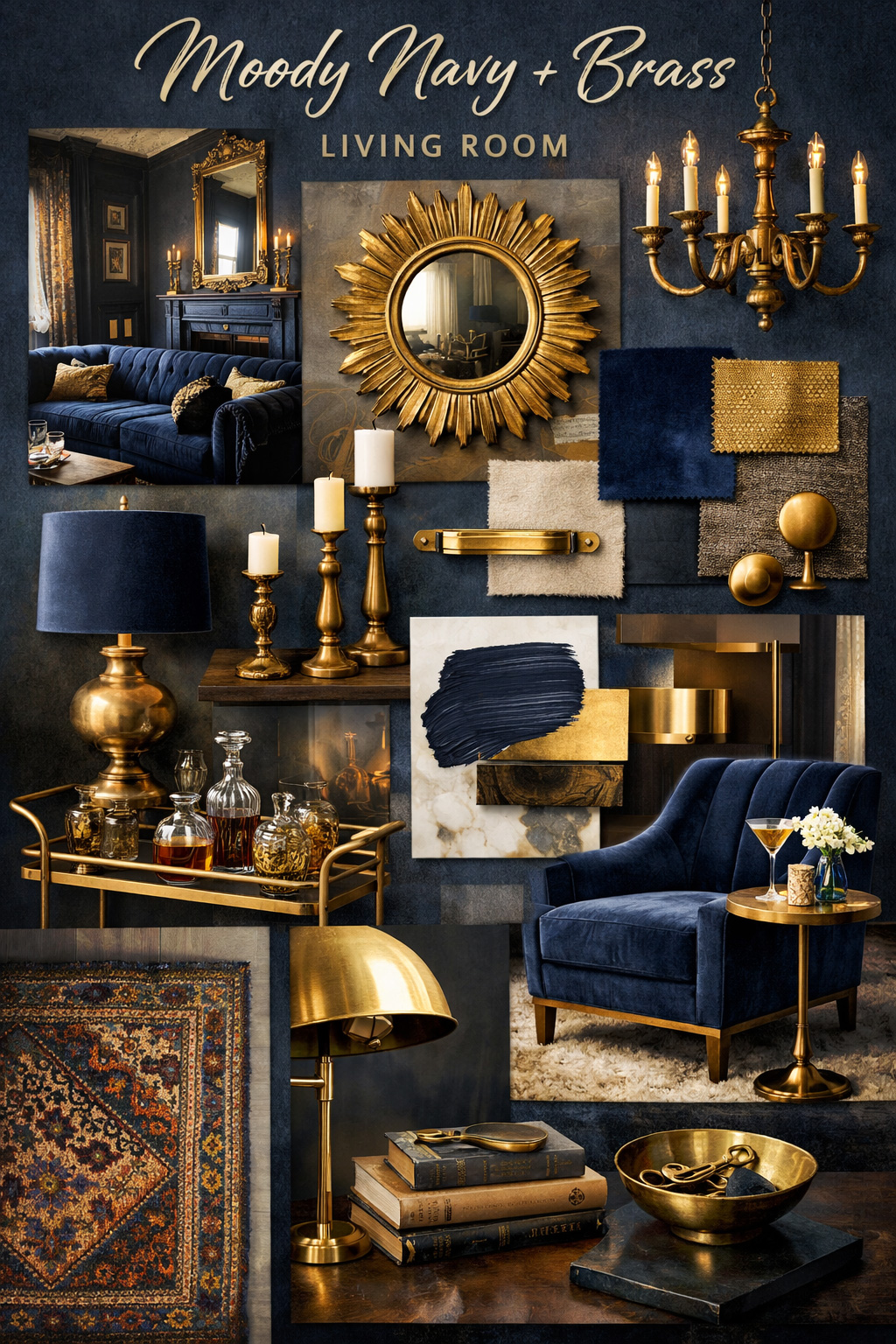 moody navy brass living room moodboard