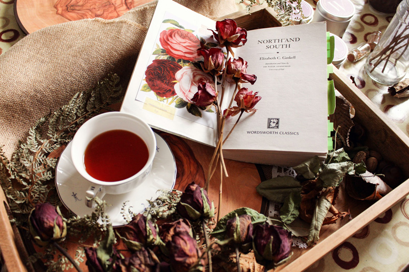 vintage tray flowers book tea
