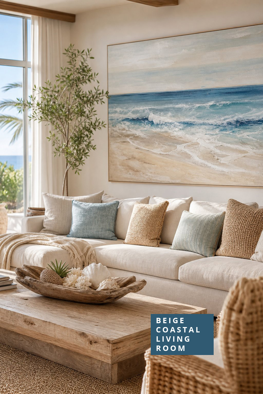 Beige Coastal Living Room Decor Idea 2 Oversized Artwork
