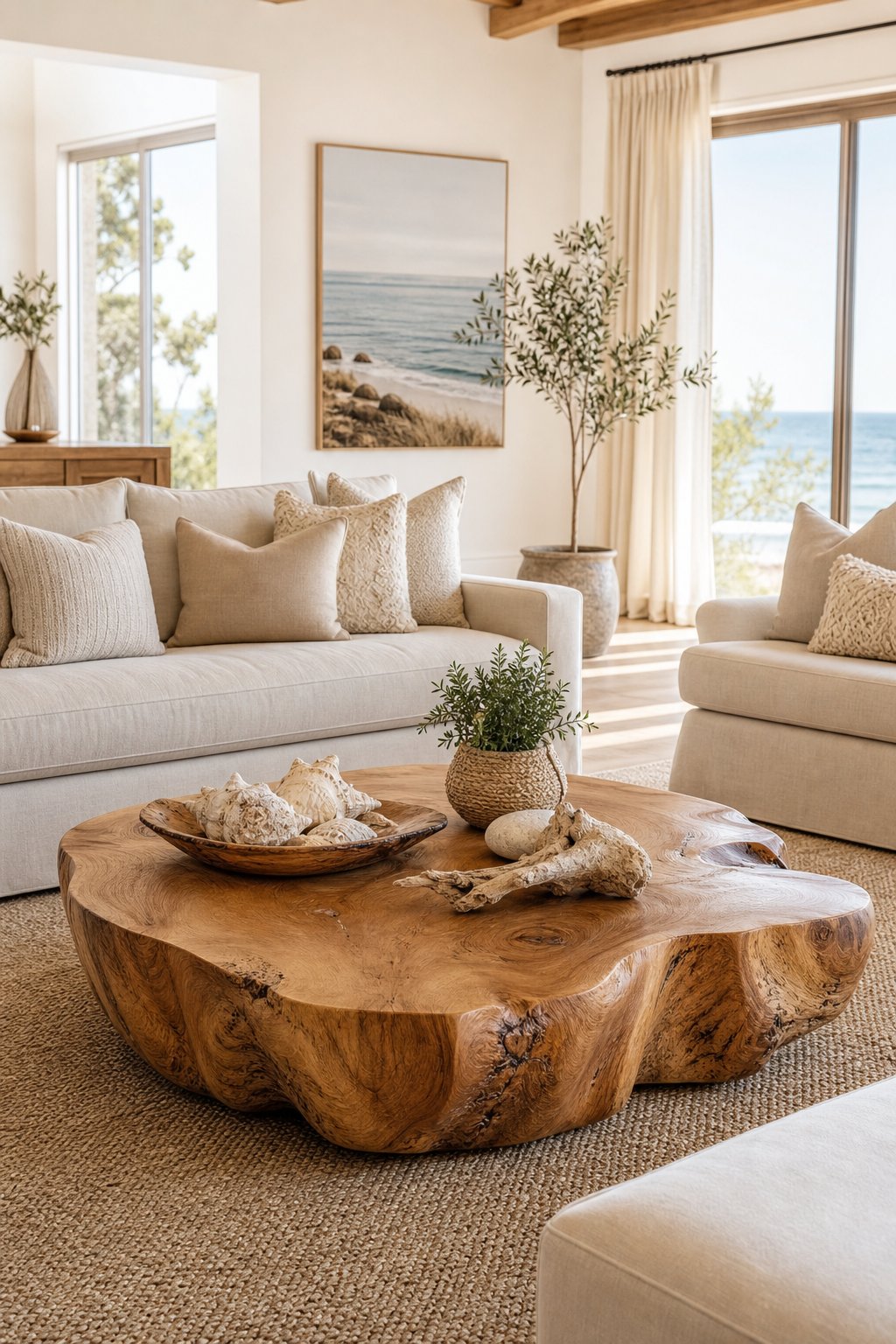 Beige Coastal Living Room Decor Idea 3 Natural Wood Coffee Table