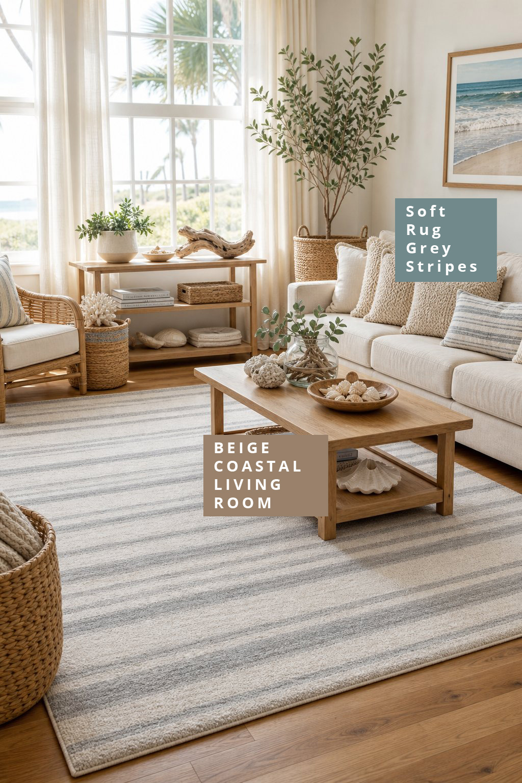 Beige Coastal Living Room Decor Idea 4 Soft Rug with Grey Stripes