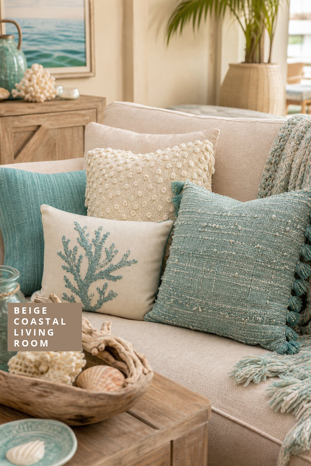 Beige Coastal Living Room Decor Idea 5 Textured Throw Pillows with Aqua Accents