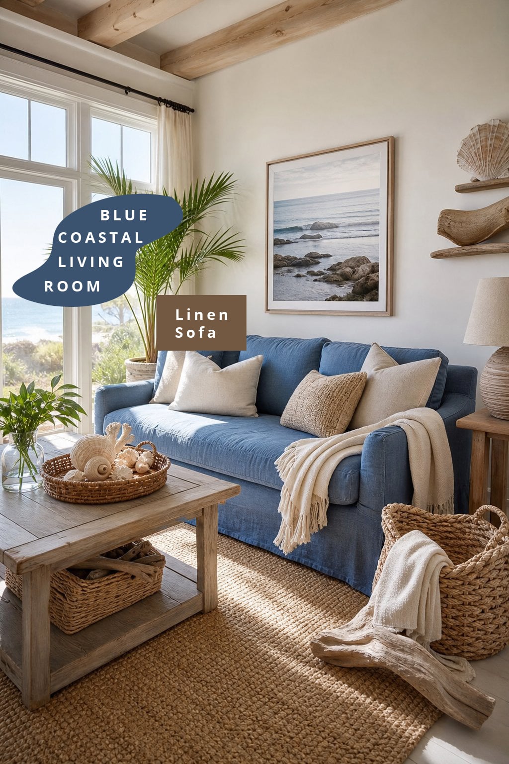 Blue Coastal Living Room Decor Idea 3 Linen Sofa