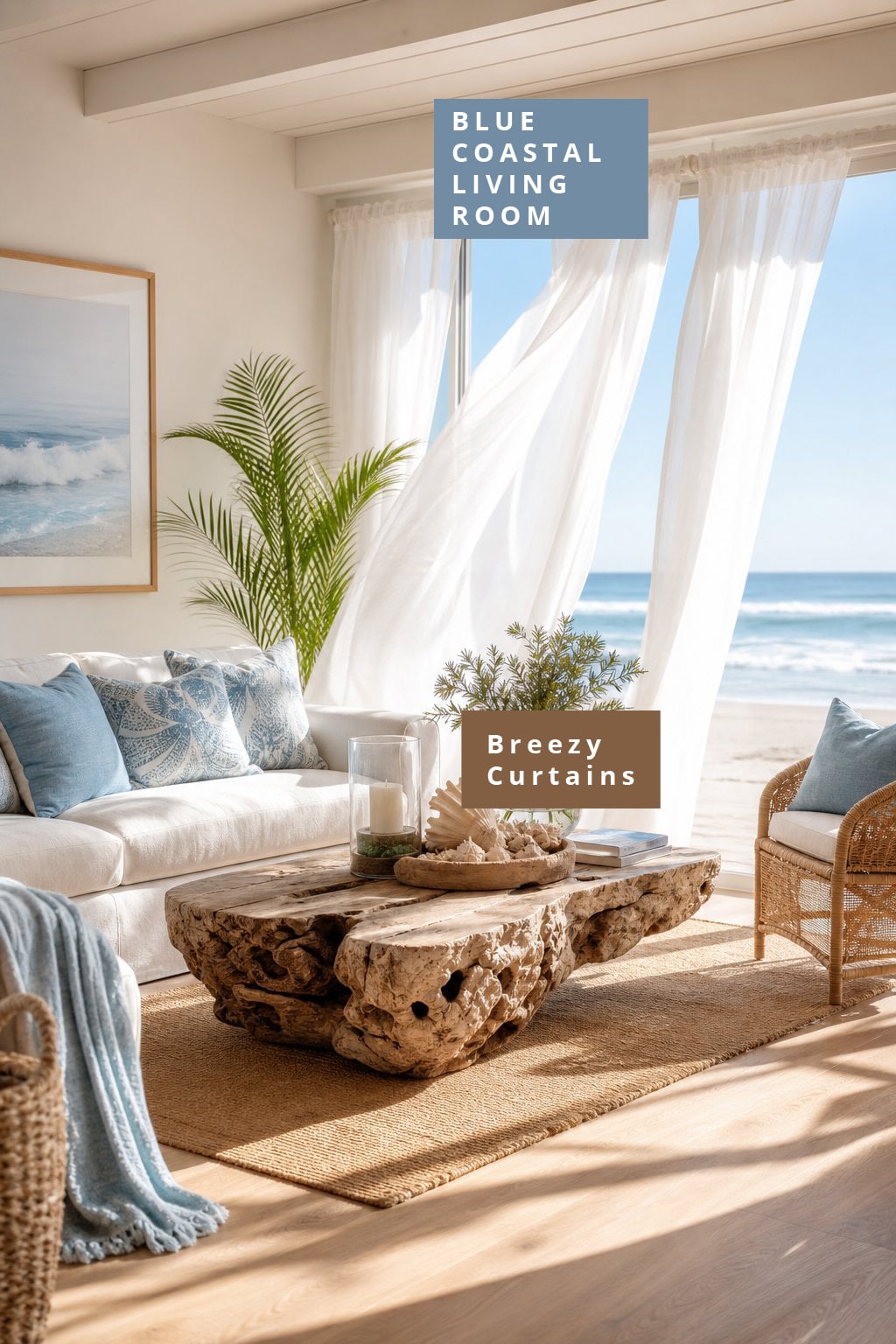 Blue Coastal Living Room Decor Idea 4 Breezy Sheer Curtains