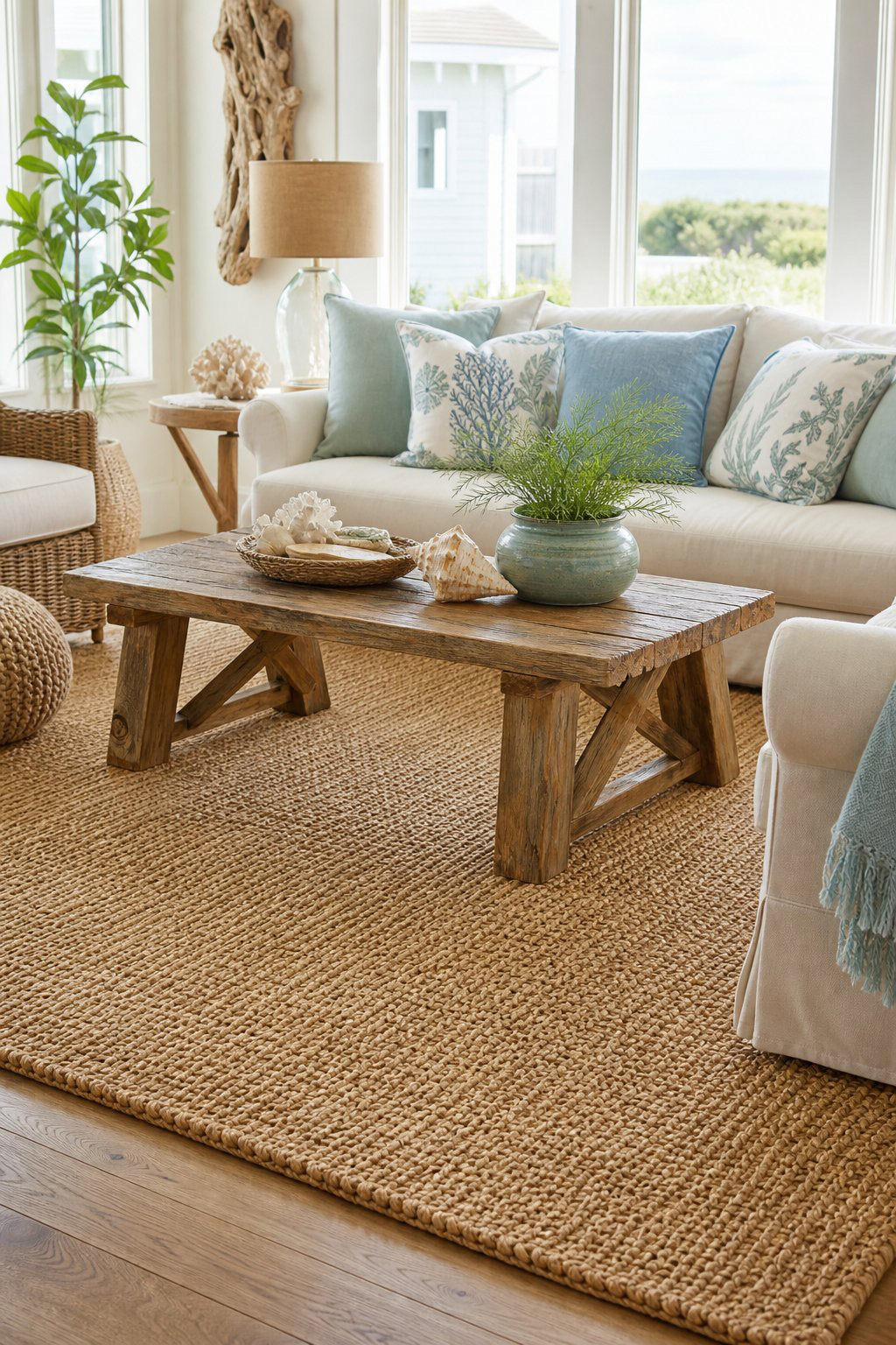 Budget Coastal Living Room Decor Idea 2 Natural Fiber Rug