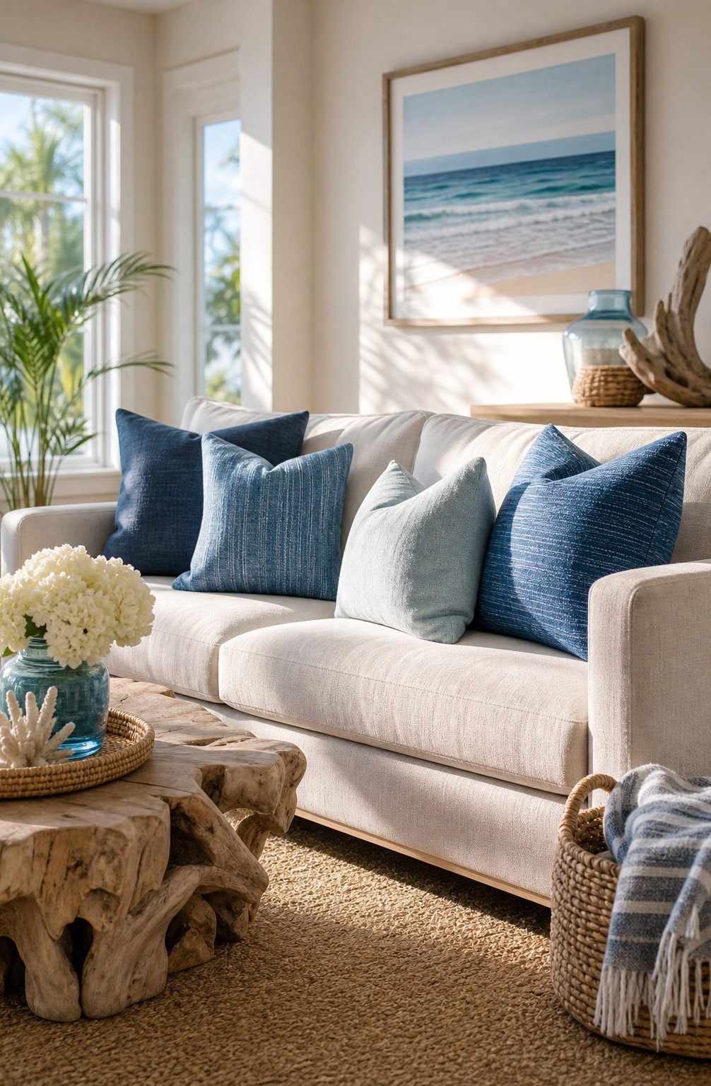 Budget Coastal Living Room Decor Idea 3 Blue Pillows