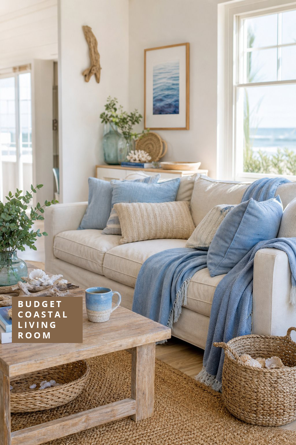 Budget Coastal Living Room Decor Idea 6 Soft Blue Throws