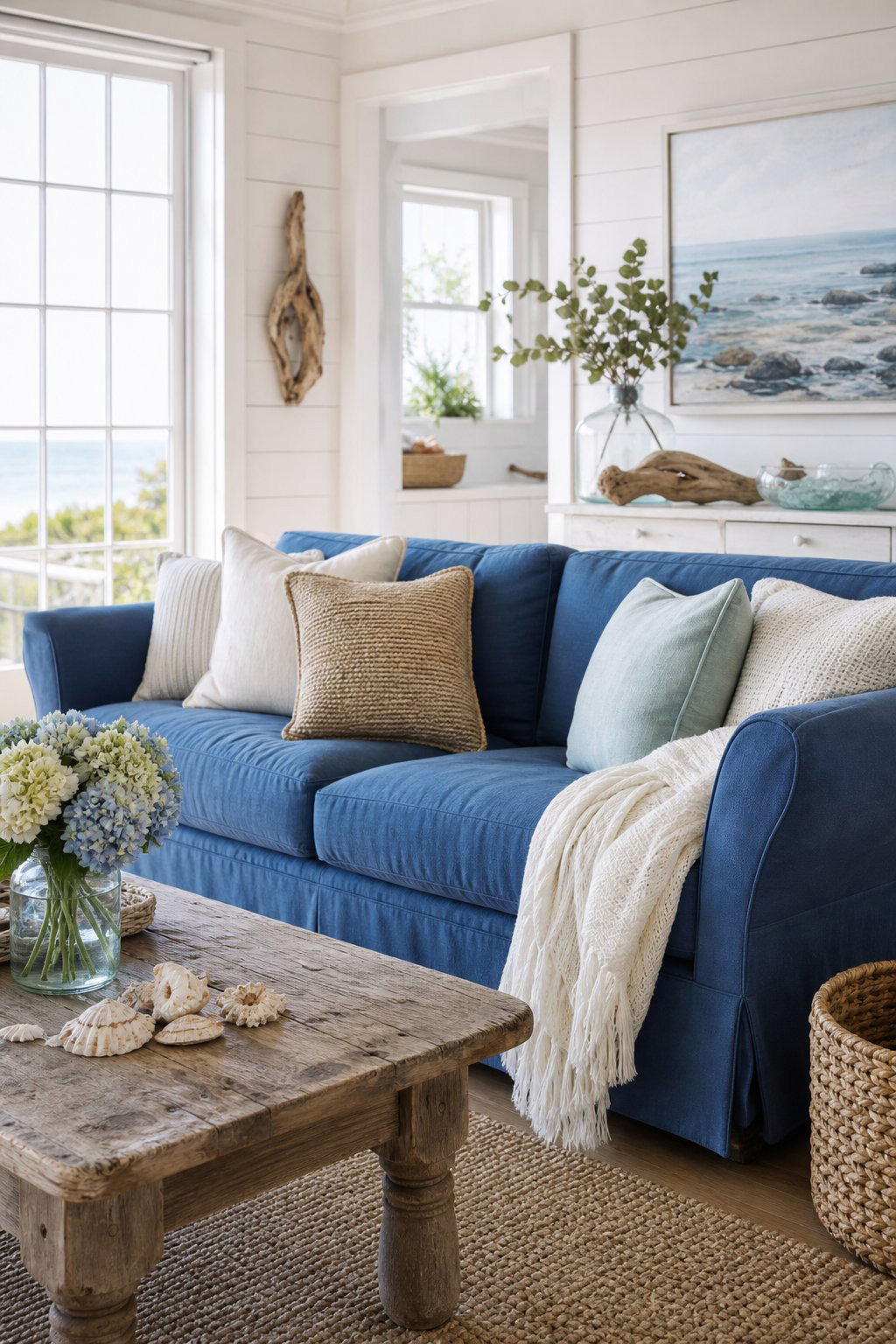 Coastal Cottage Living Room Decor Idea 1 Blue Couch