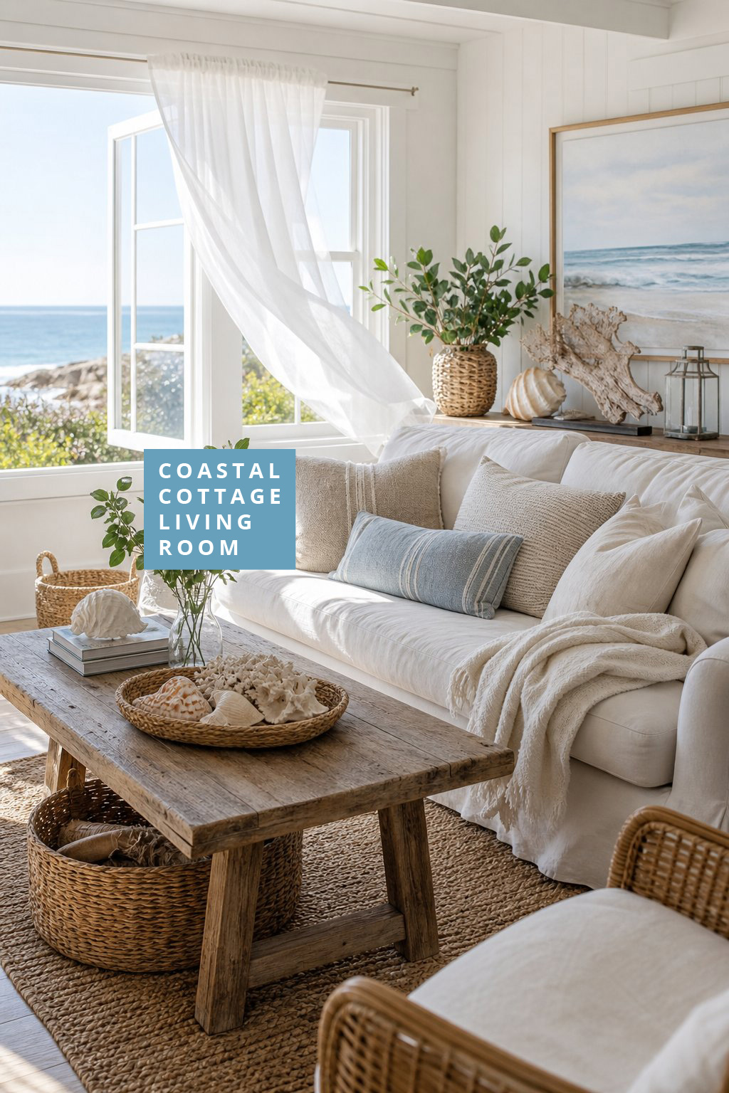 Coastal Cottage Living Room Decor Idea 2 Light breezy curtains