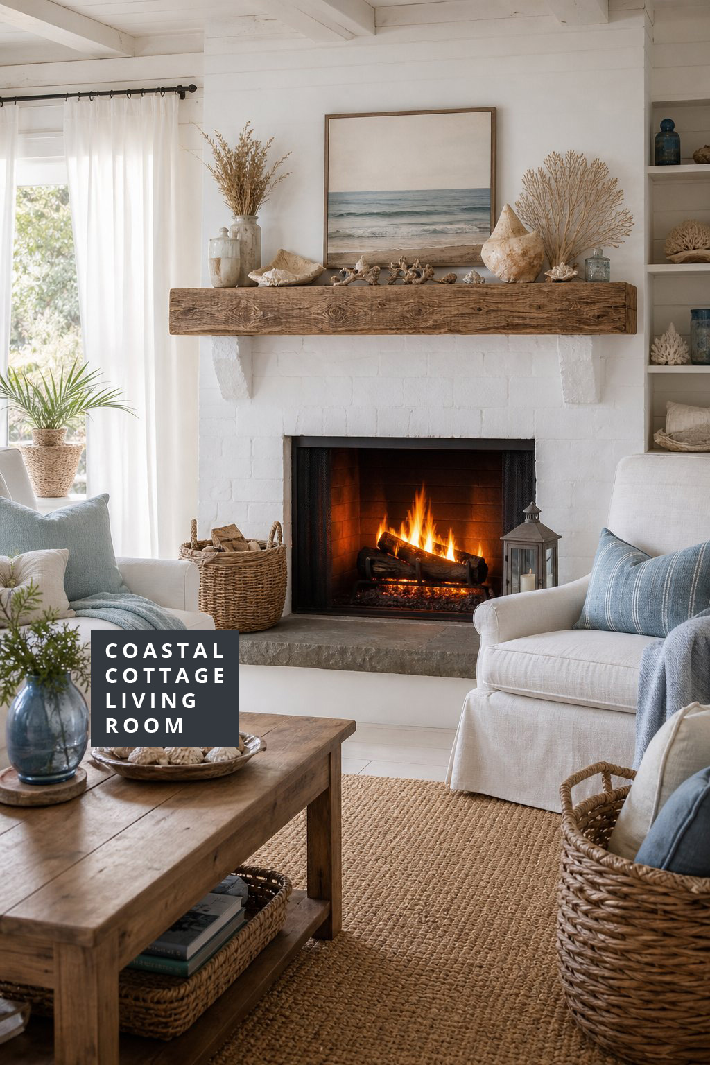 Coastal Cottage Living Room Decor Idea 3 Fireplace