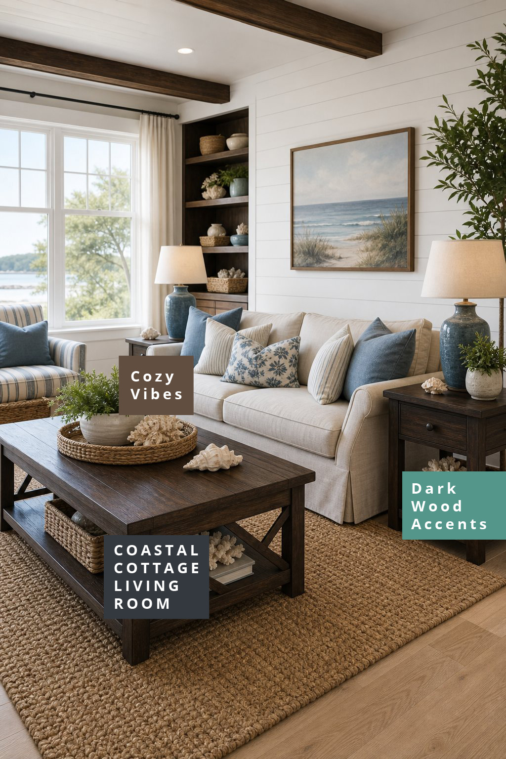 Coastal Cottage Living Room Decor Idea 4 Dark Wood Accents