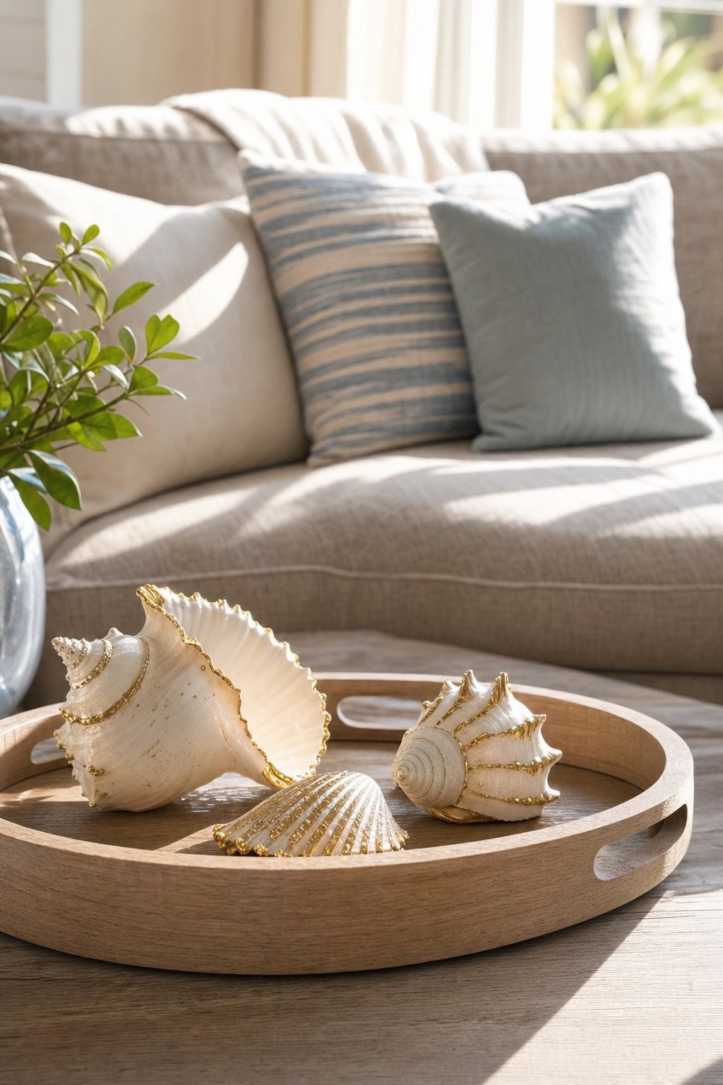 Coastal Glam Living Room Decor Idea 1 Gilded Seashell Accents