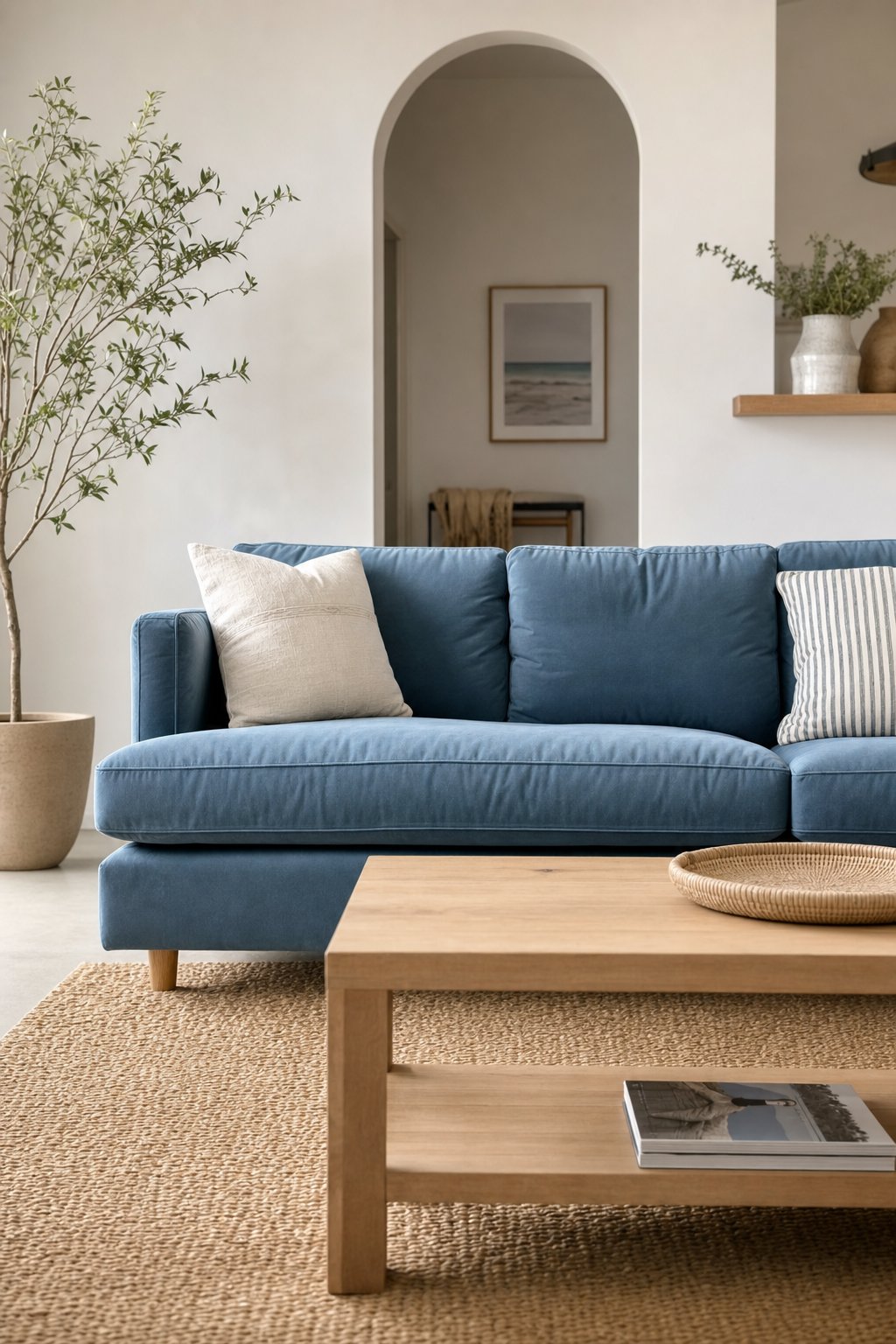 Coastal Glam Living Room Decor Idea 2 Soft Blue Velvet Sofa