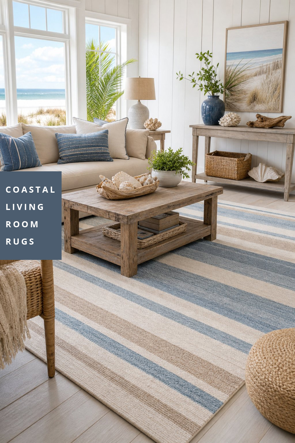 Coastal Living Room Area Rug Idea 1 Striped Rug