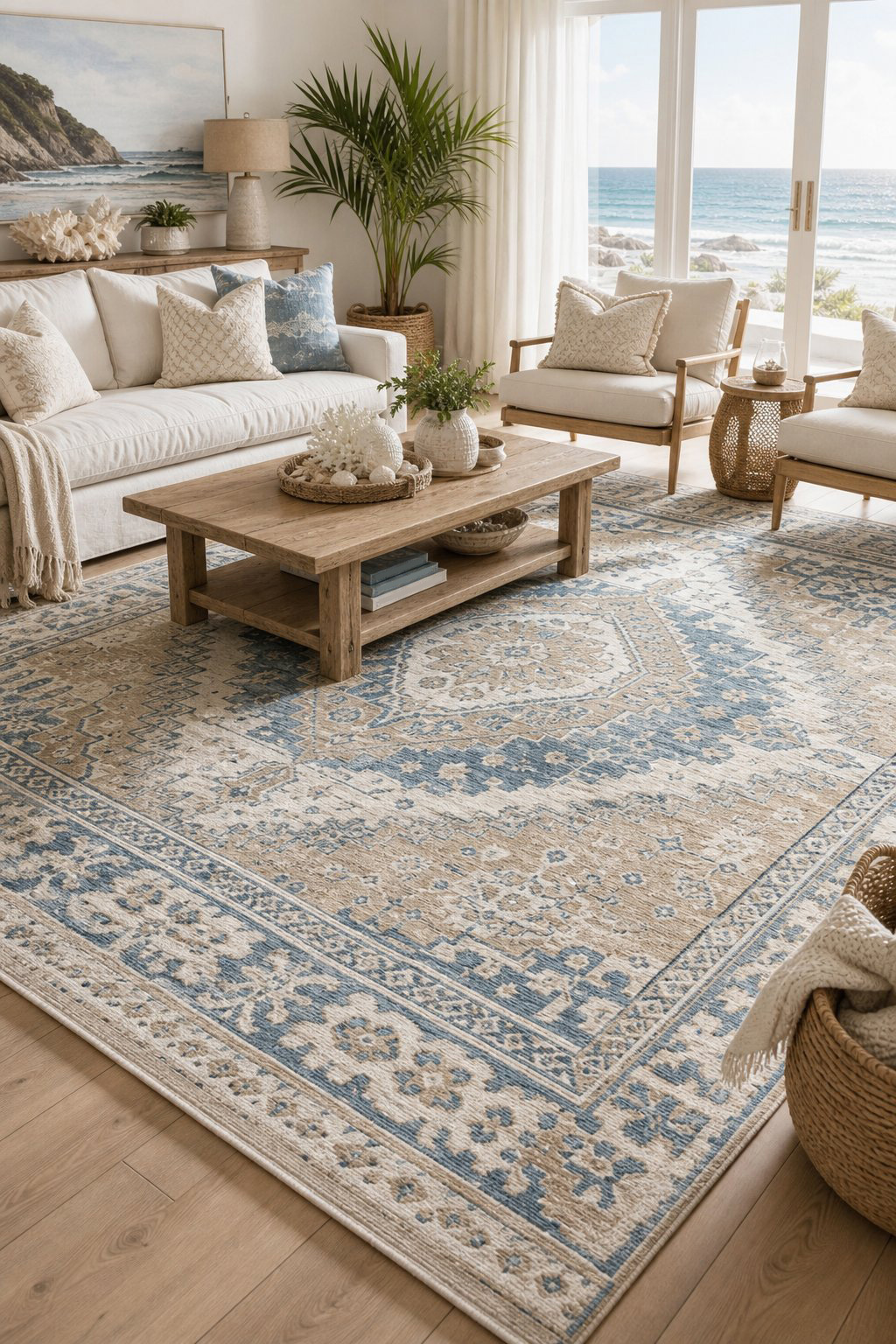 Coastal Living Room Area Rug Idea 9 Boho Patterned