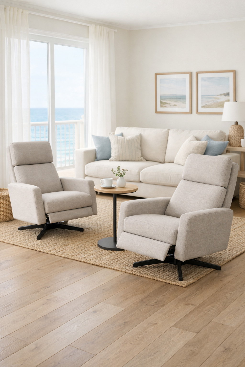 Coastal Living Room Layout Idea 6 with Recliners