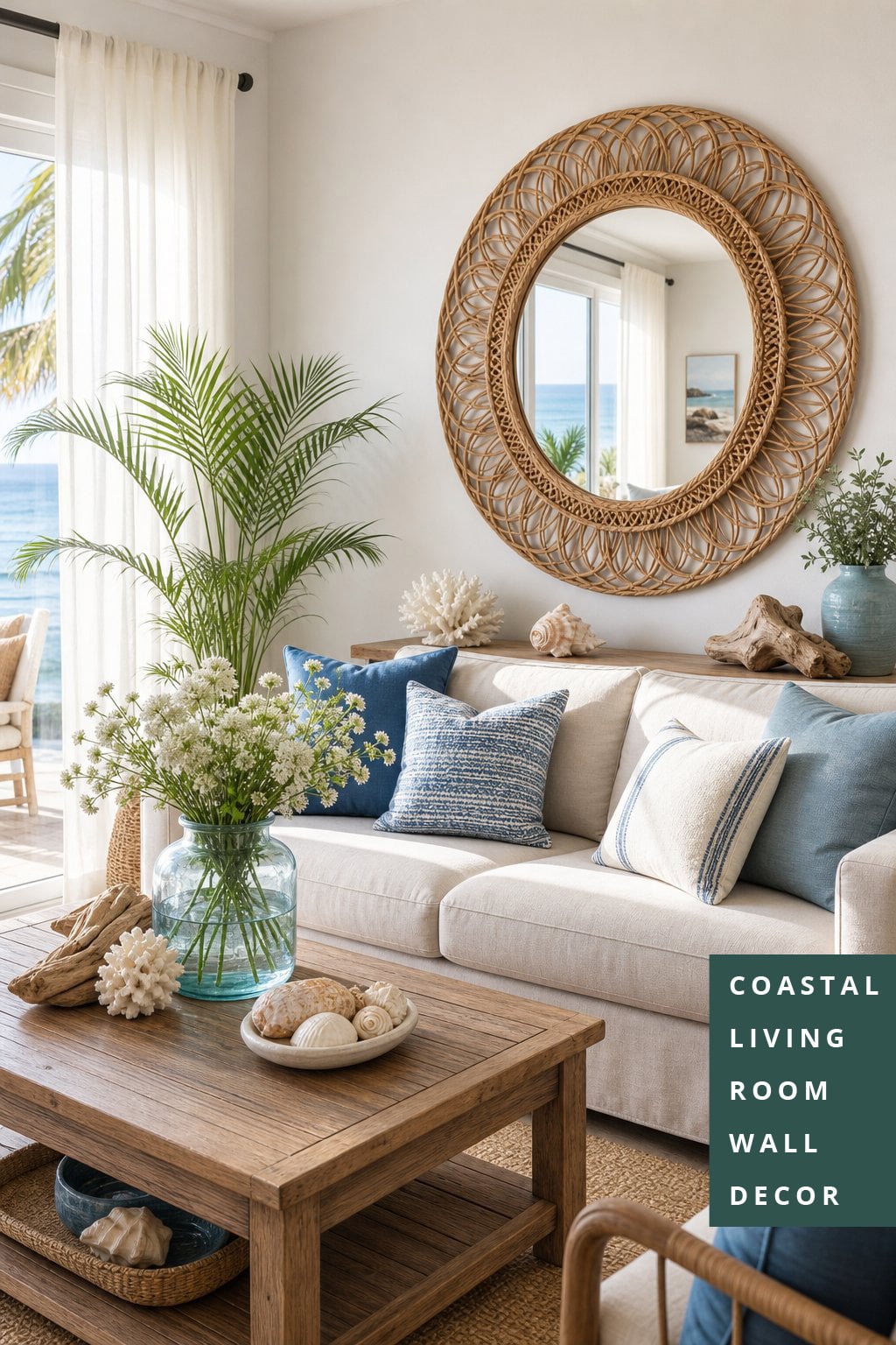 Coastal Living Room Wall Decor Idea 5 Rattan Mirror