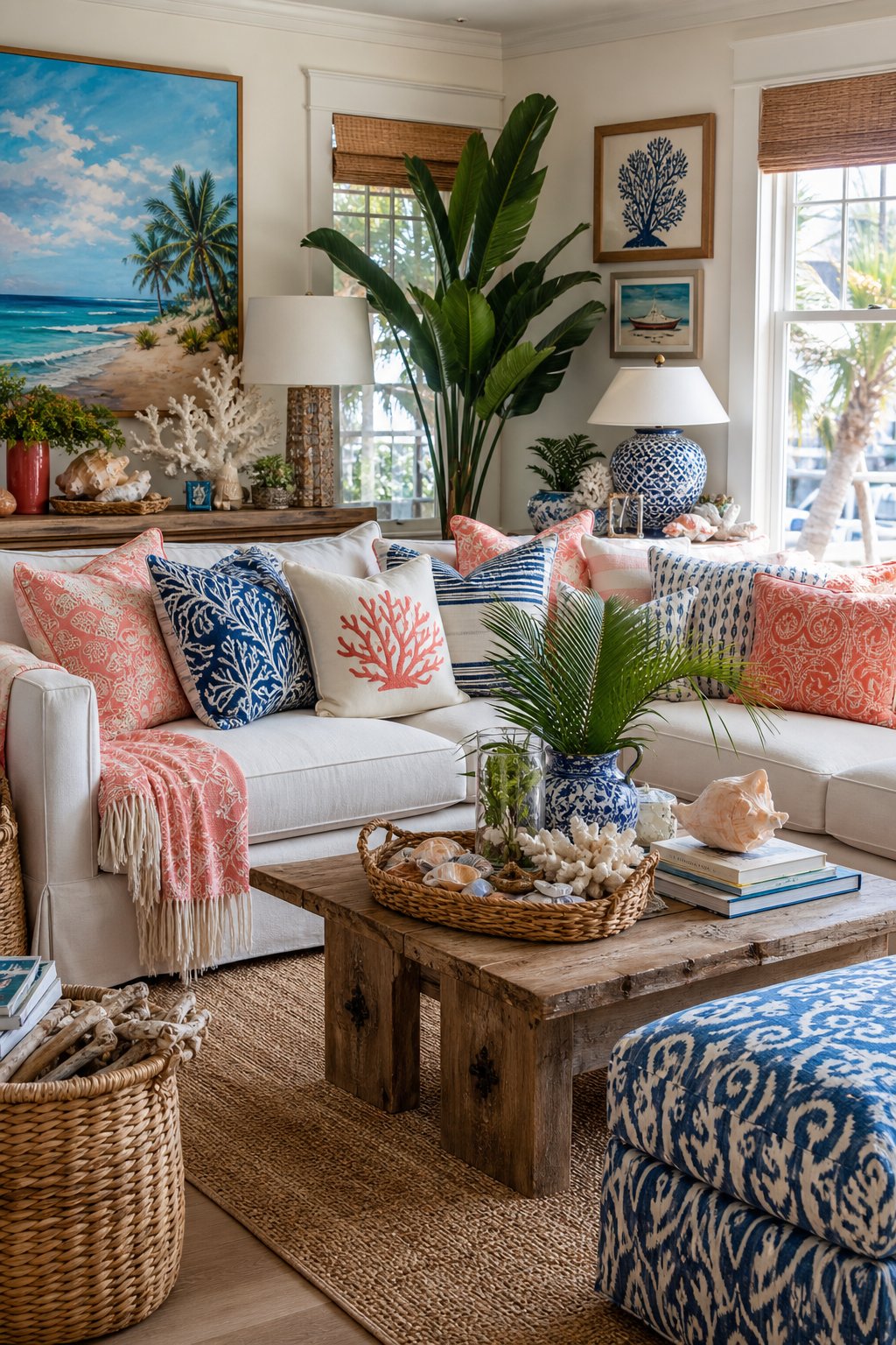 Coastal Maximalist Living Room Decor Idea 1 Pillows