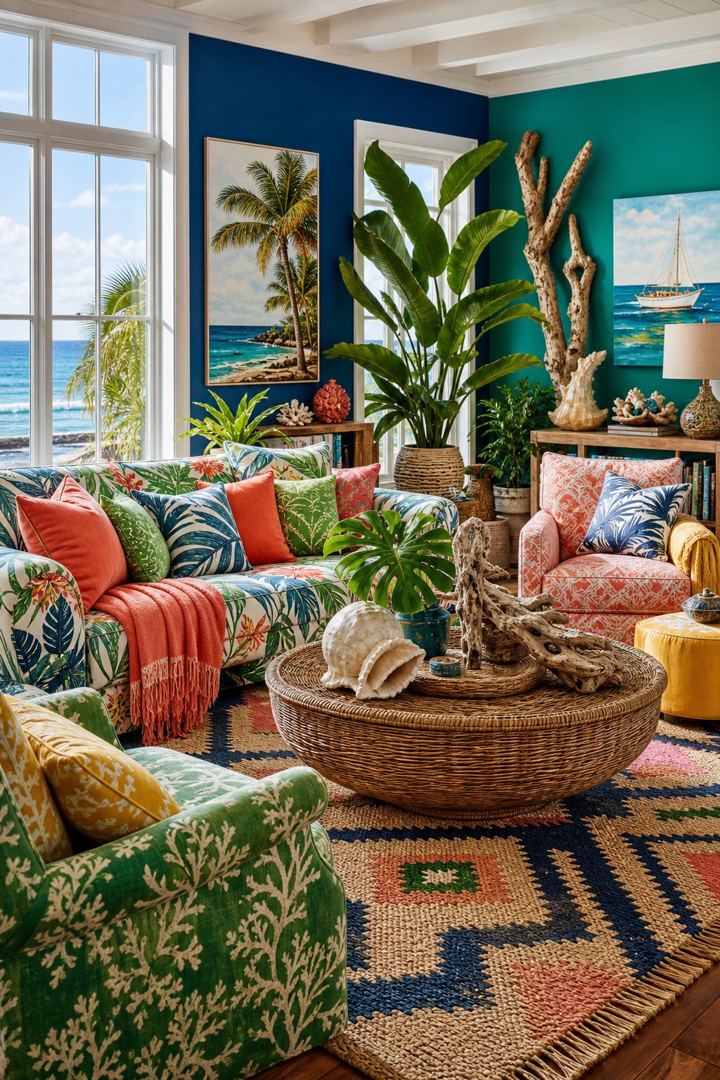 Coastal Maximalist Living Room Decor Idea 4 Bold Colors