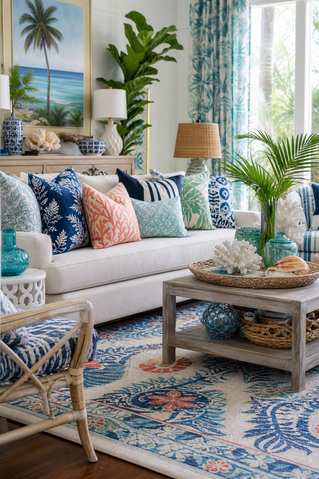 Coastal Maximalist Living Room Decor Idea 5 Pattern Mixing