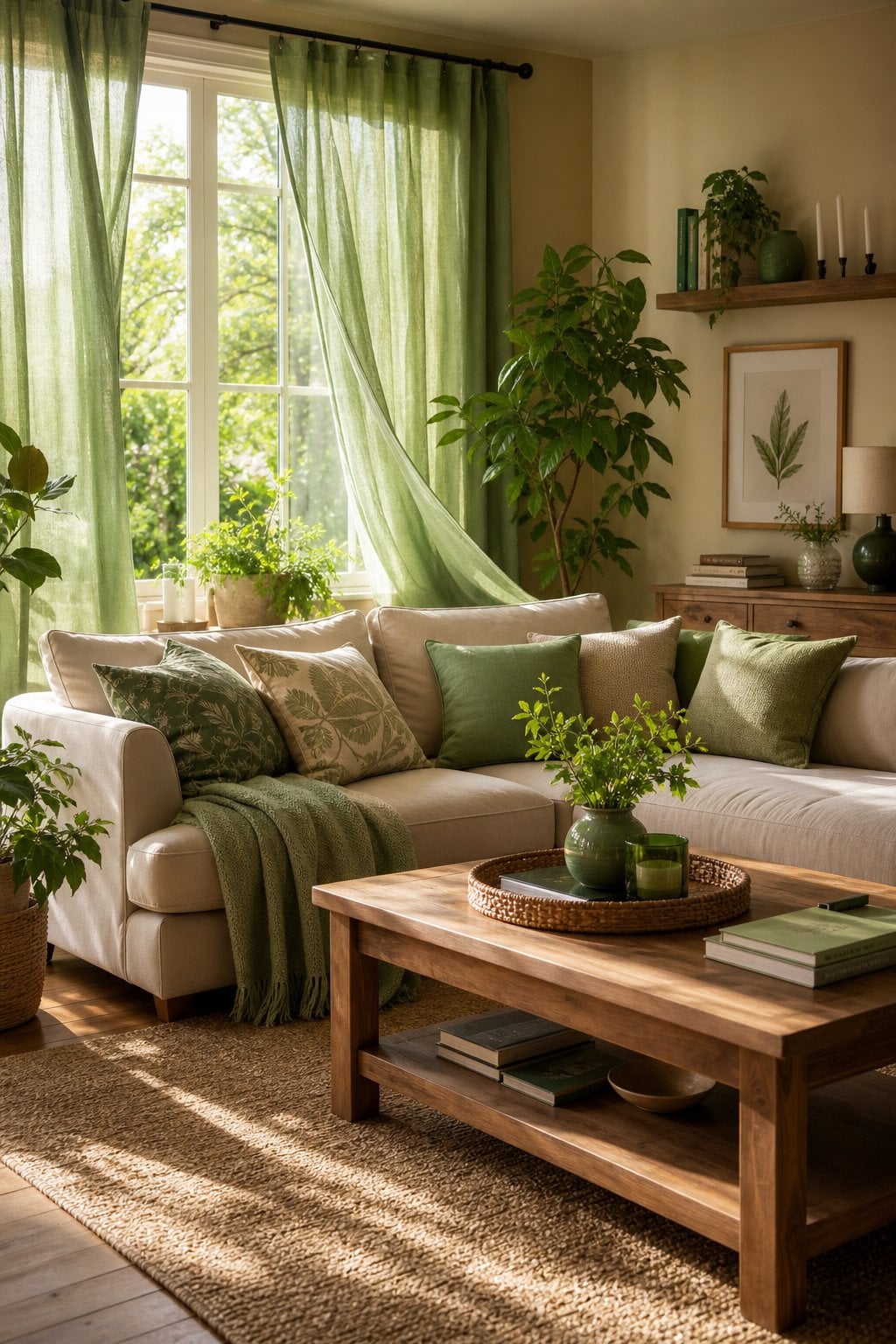 Cozy Green Living Room Decor Idea 5 Curtains