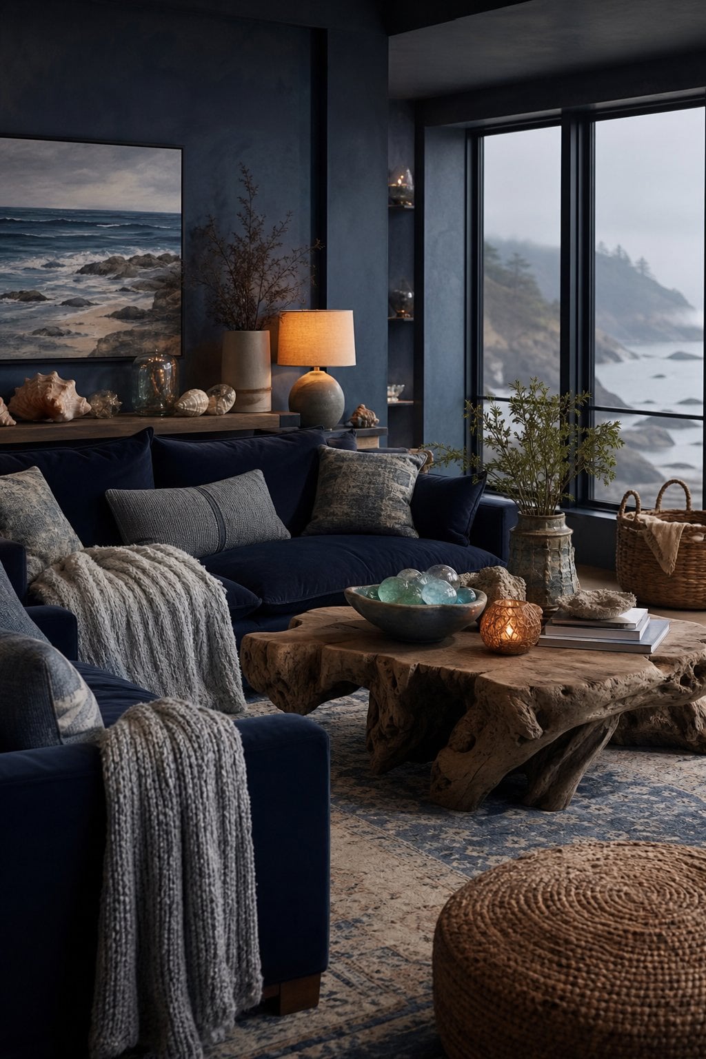 Dark Coastal Living Room Decor Idea 1 Moody Blues Soft Lighting