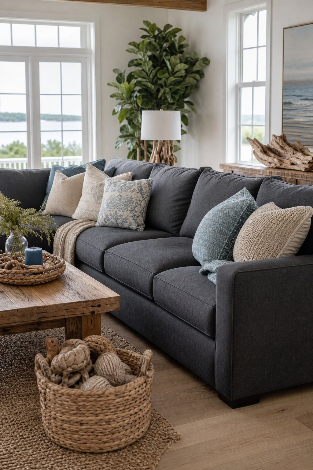 Dark Coastal Living Room Decor Idea 2 Dark Grey Sofa
