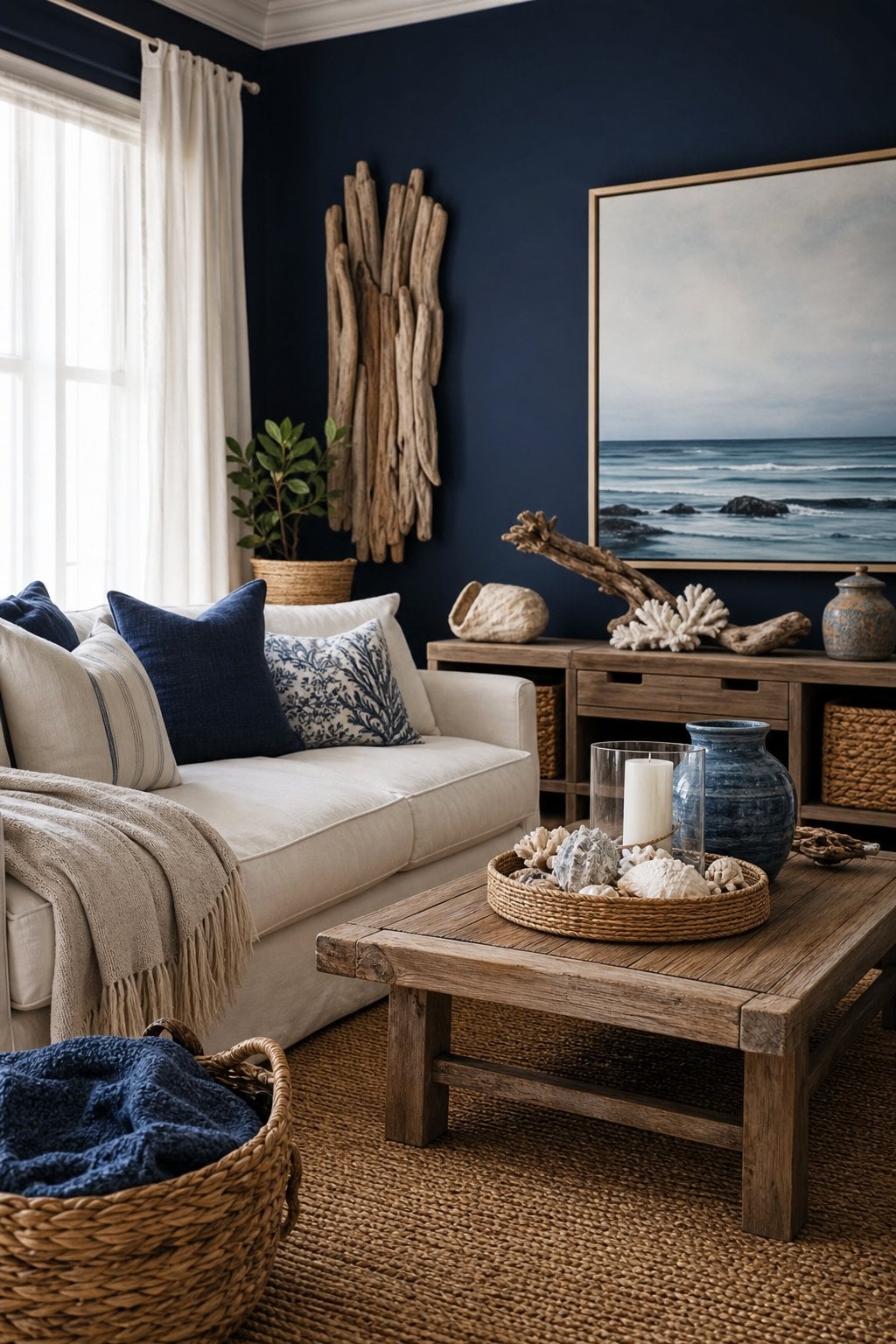 Dark Coastal Living Room Decor Idea 4 Deep Navy Walls