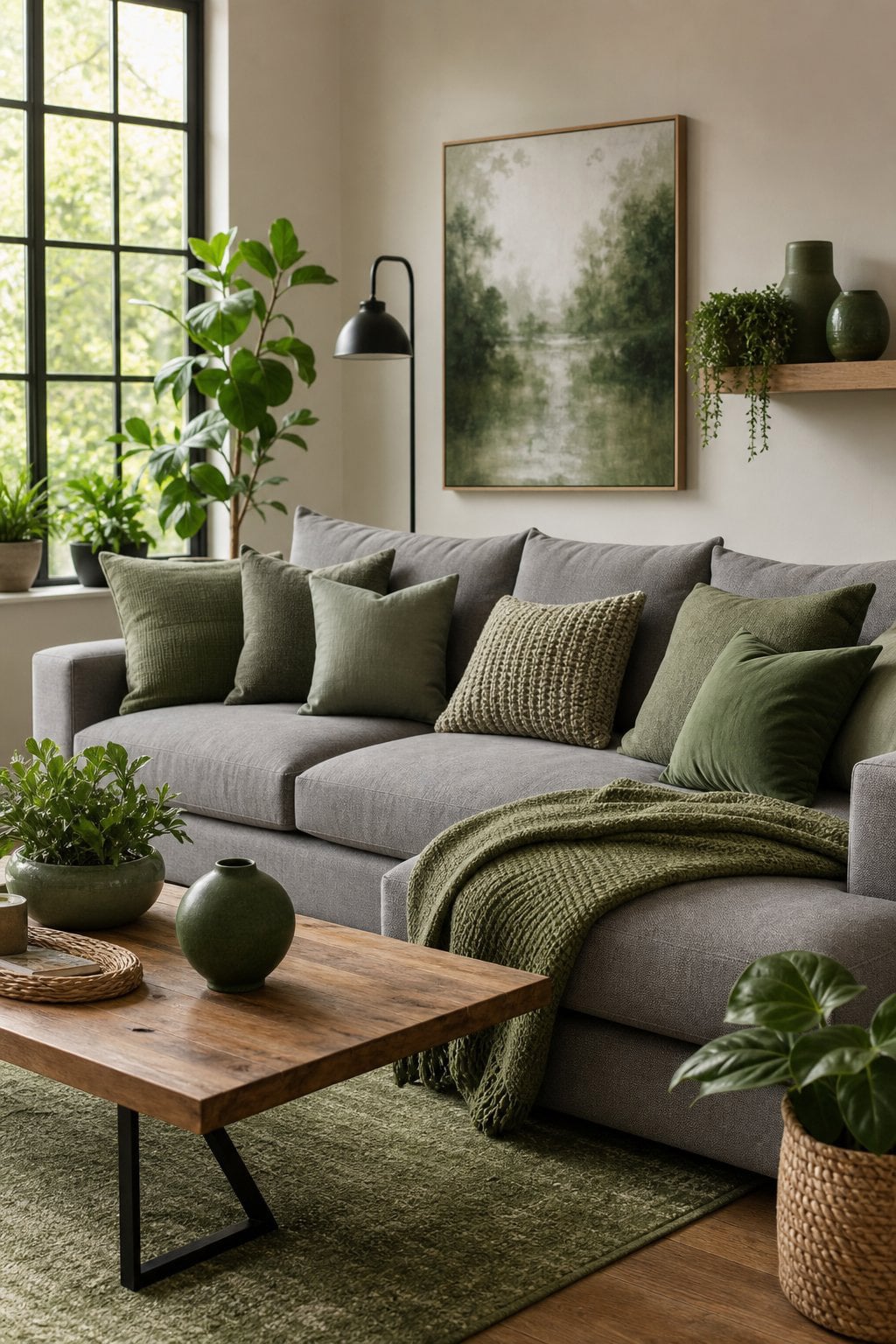 Earthy Green Living Room Decor Idea 3 Grey Couch