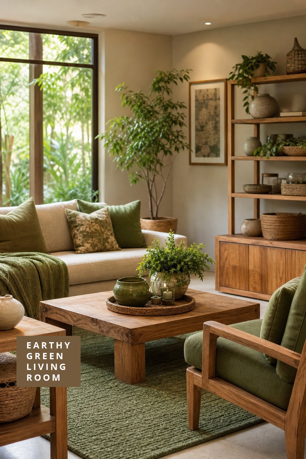 Earthy Green Living Room Decor Idea 5 Natural Wood Accents
