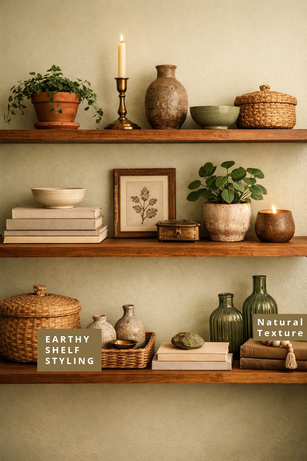 Earthy Shelf Styling Green Brown Natural Texture