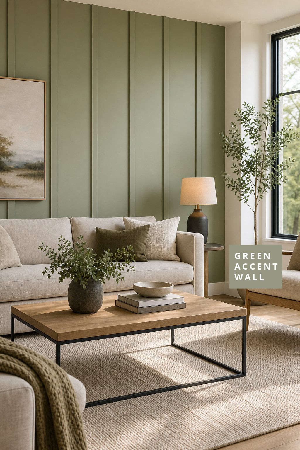 Green Accent Wall Idea for Living Room 1 Sage Board and Batten Wall