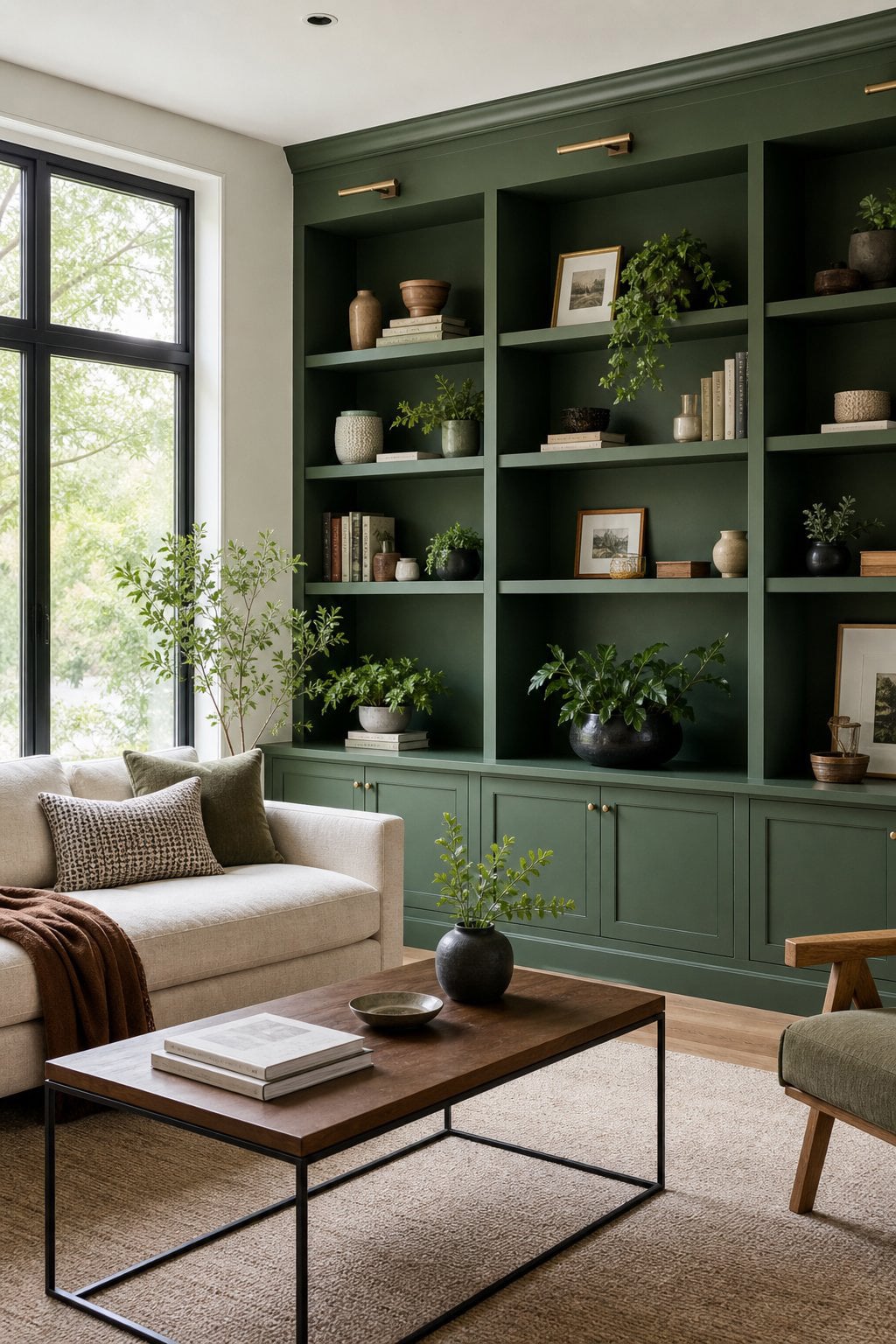 Green Accent Wall Idea for Living Room 10 Built In Shelving