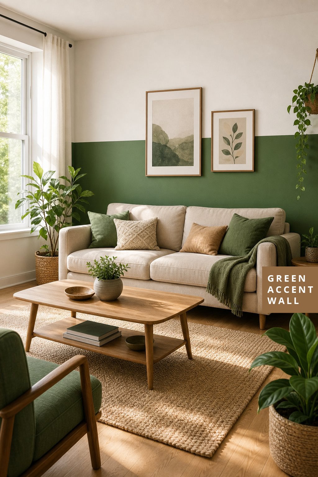 Green Accent Wall Idea for Living Room 11 Half Wall Paint