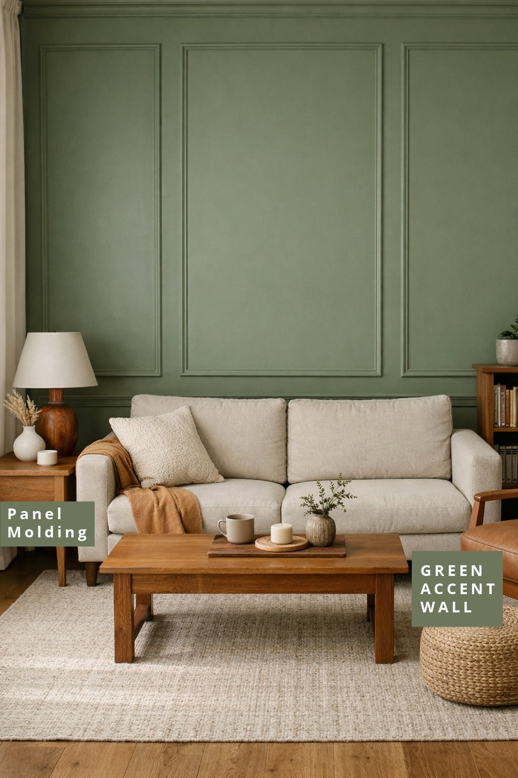 Green Accent Wall Idea for Living Room 12 Panel Molding