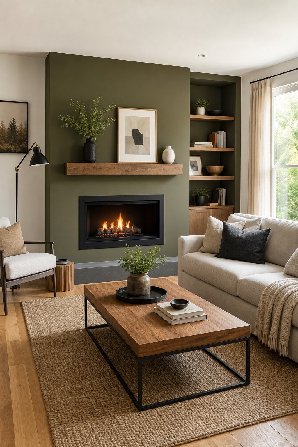 Green Accent Wall Idea for Living Room 3 Olive Green Fireplace