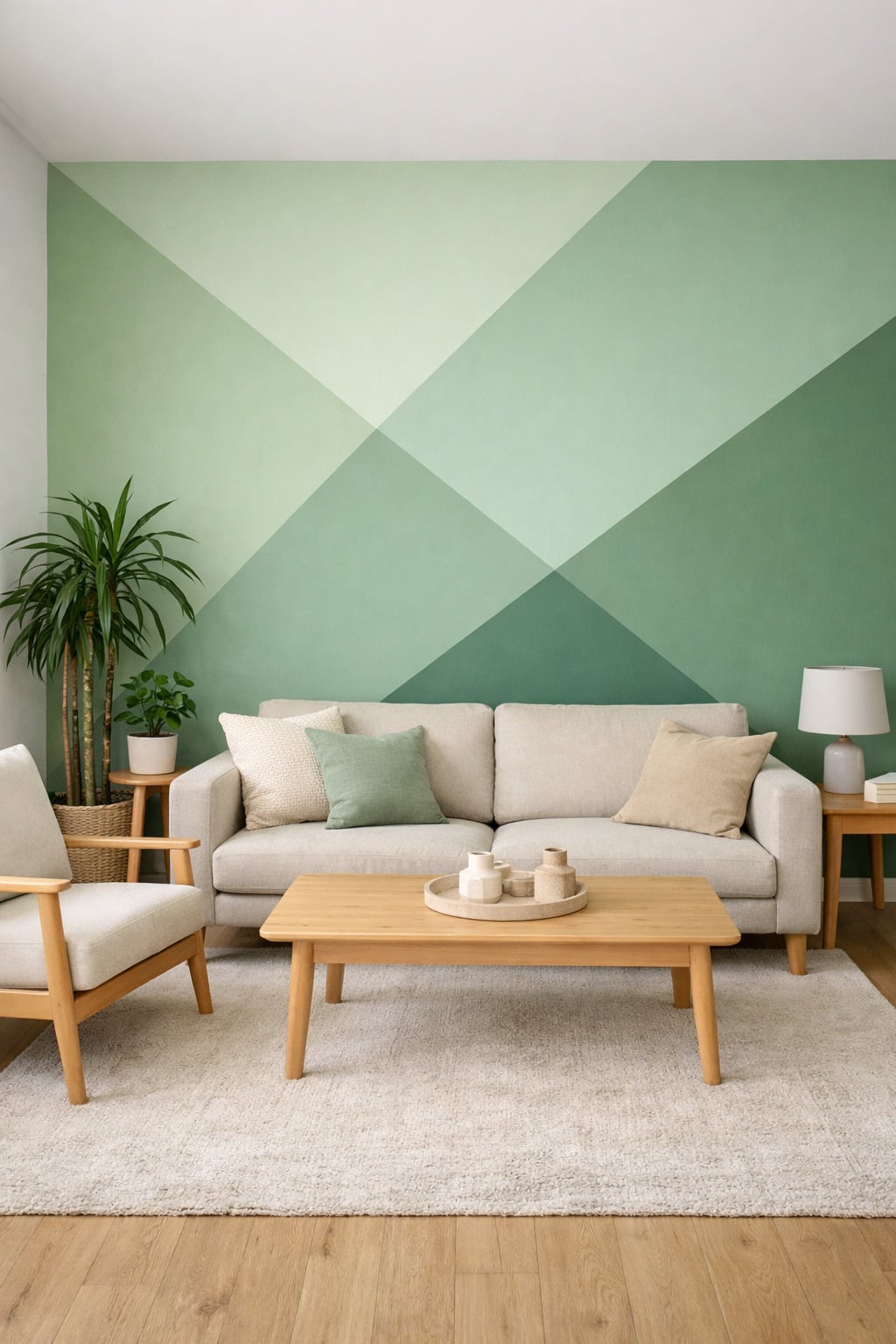 Green Accent Wall Idea for Living Room 6 Geometric Paint Design