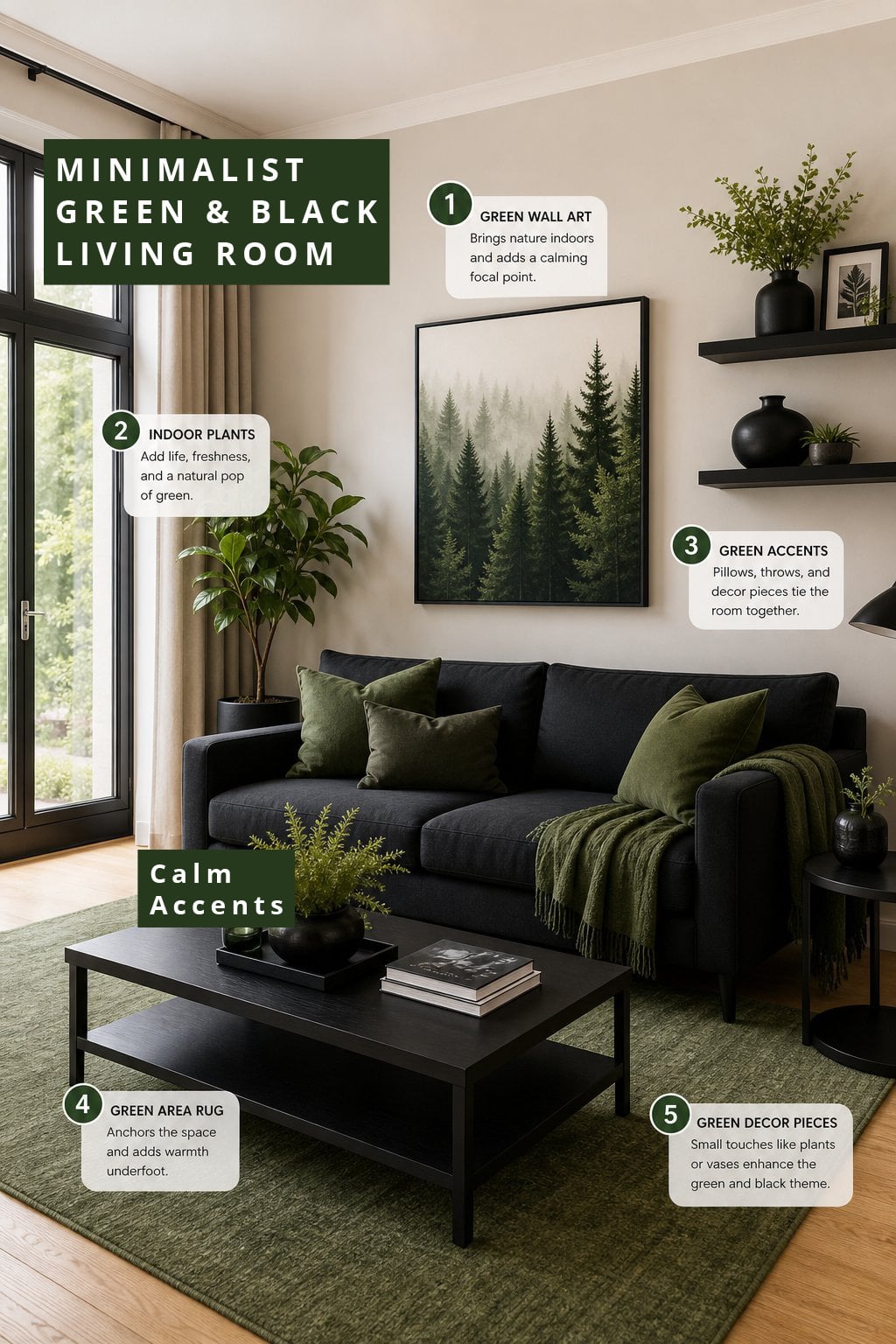 Minimalist Green Living Room Decor Idea 1 Green and Black Accents