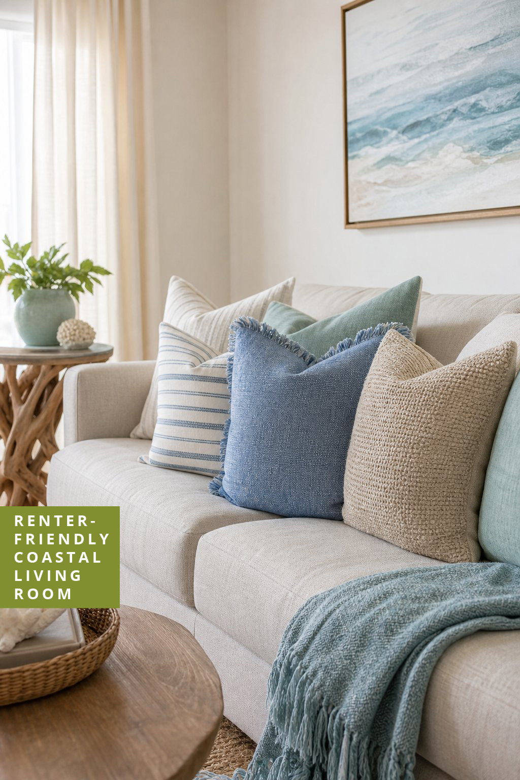 Renter Friendly Coastal Living Room Decor Idea 4 Throw Pillows